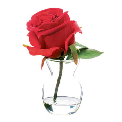 Faux Red Rose in Glass Vase - 7" Tall