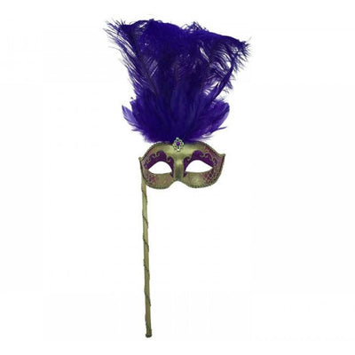 Purple & Gold Feather Stick Mask