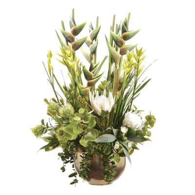 Faux Large-Scale White King Protea in Bronze Vessel