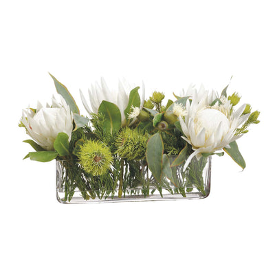 Faux White King Protea Centerpiece in Clear Glass