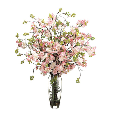 Faux Pink Cherry Blossoms in Glass Vase