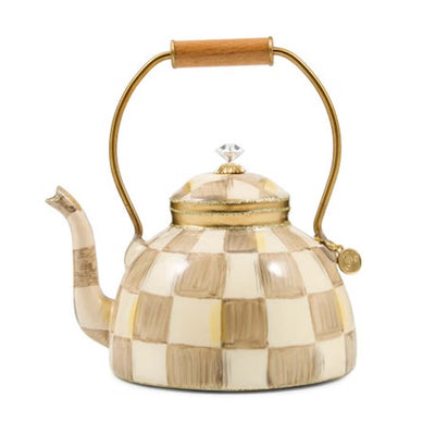 Mocha Check Tea Kettle Glass Ornament