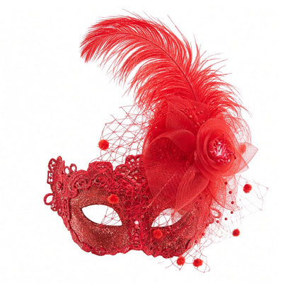 Red Lace Feather Mask