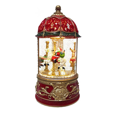 Musical Santa in Swirling Snow Carousel with Light - 9" Tall