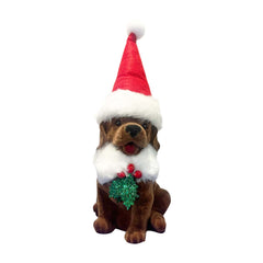 Flocked Brown Dog with Santa Hat