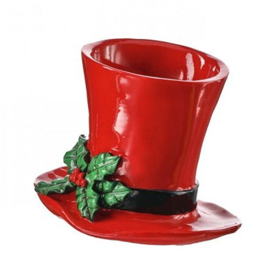 Red Top Hat Planter with Holly - 7.5" Tall