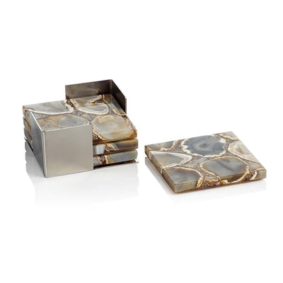Brown Crete Agate Coasters on Alloy Tray - Set of 4