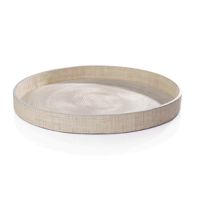 Atelier Natural Fiber Raffia Round Serving Tray with Leather Trim