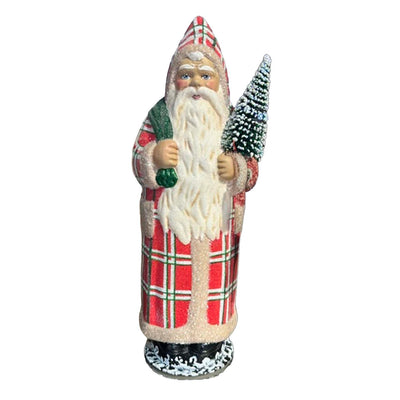 Peppermint Plaid Santa with Christmas Tree - 10" Tall