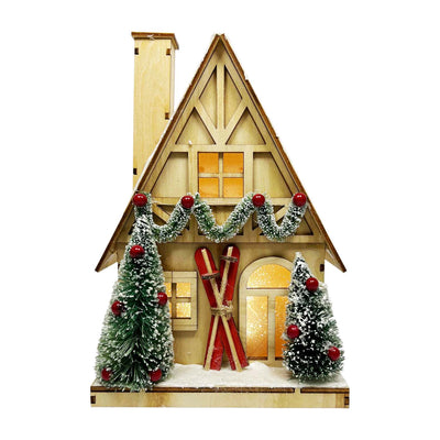 Rustic Ski Cabin with LED Lighting - 9" Tall