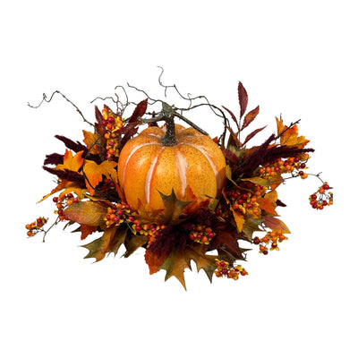 Faux Orange Pumpkin Maple Leaf Arrangement - 12" Tall