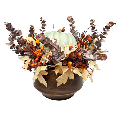 Faux Cream & Green Pumpkin in Copper Pot