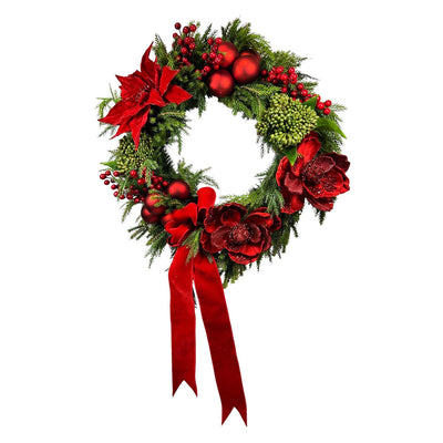 Faux Red Magnolia Sedum Wreath - 24"