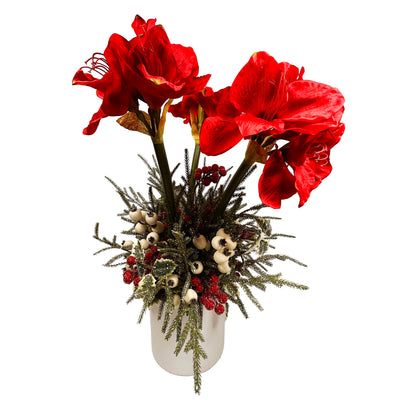 Silk Amaryllis with Berries Arrangement in White Pot