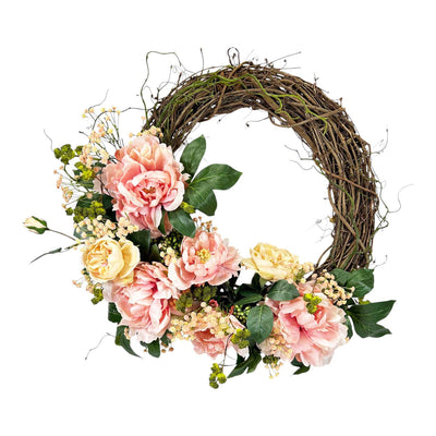 Faux Pink Peony Rose Grapevine Wreath - 20"