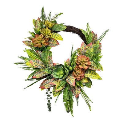 Faux Green Croton Fern Succulent Wreath - 30"