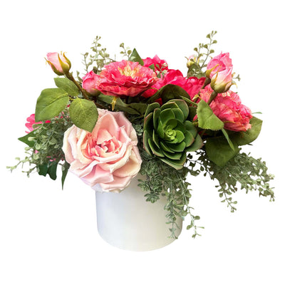 Faux Pink Roses & Peonies with Eucalyptus in a White Cylinder