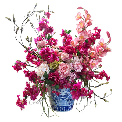 Faux Bougainvillea & Peony in Blue & WHite Temple Jar