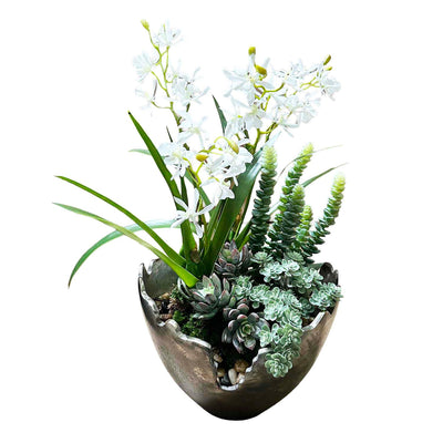 Faux Mini White Orchids in Antique Silver Bowl