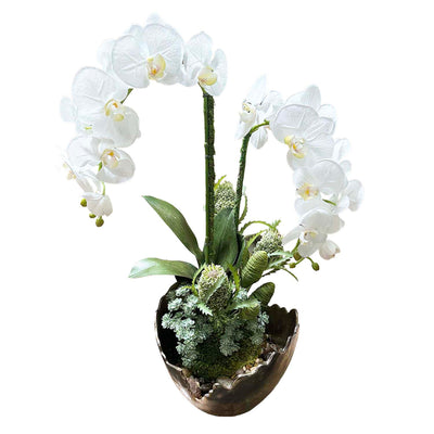 Faux White Orchids in Metal Bronze Planter