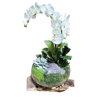 Faux Orchid, Succulents & Amethyst in Teak Glass Bowl