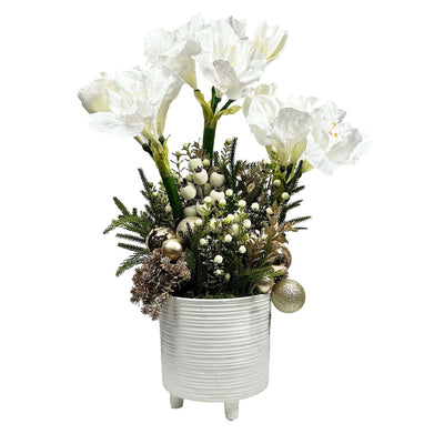 Silk White Amaryllis Arrangement in Footed Pot