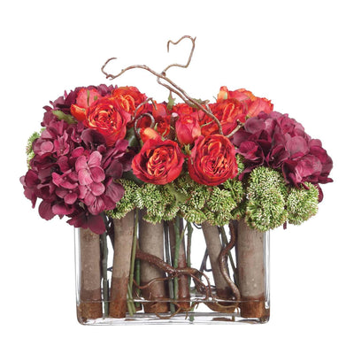 Silk Roses & Hydrangeas in Glass Vase
