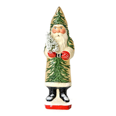 Santa with Gold Coat Holding Tree - 7" Tall