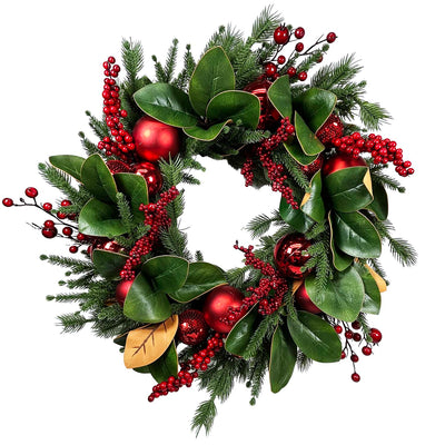 Silk Red & Green Ornaments with Berry Pines Wreath - 26"