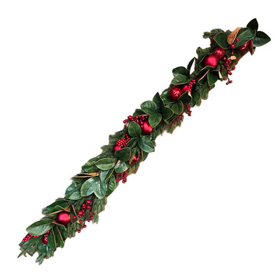 Silk Red & Green Ornament with Berries Pine Garland - 6ft Long