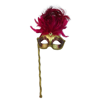 Burgundy Feather Stick Mask