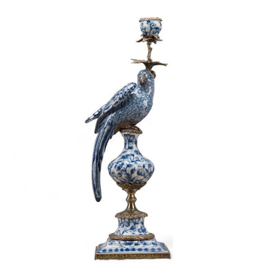 Porcelain Blue & White Parrot Candle Holder with Bronze Trim - 19" Tall - Left