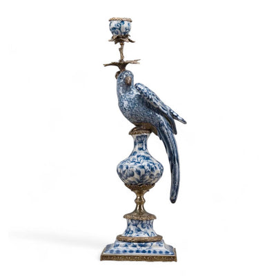 Porcelain Blue & White Parrot Candle Holder with Bronze Trim - 19" Tall - Right