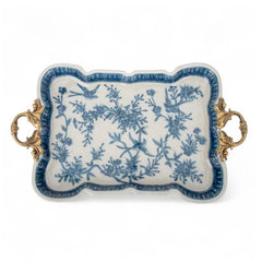 Porcelain Blue & White Tray with Bronze Handles