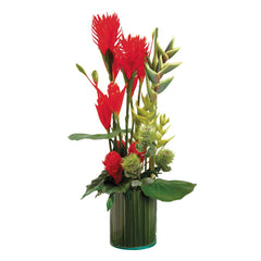 Faux Large-Scale Red & Orange Tropical Botanicals in Clear Glass