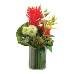 Faux Red & Orange Tropical Botanicals in Clear Glass