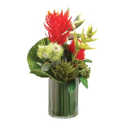 Faux Red & Orange Tropical Botanicals in Clear Glass