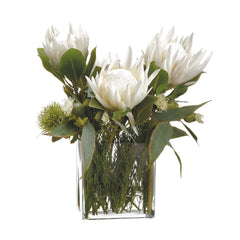Faux White King Protea & Eucalyptus in Clear Glass
