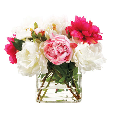 Faux Blush Garden Peonies in Square Glass