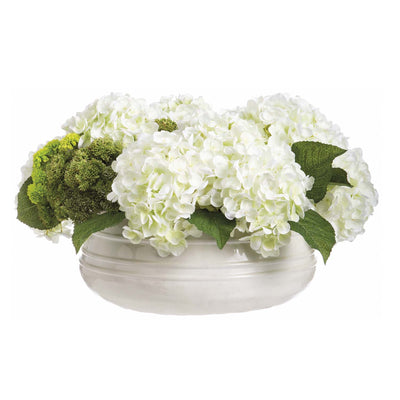 Faux White Hydrangeas in Enamel Bowl