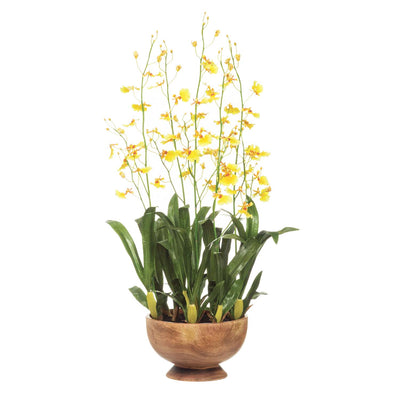 Faux Yellow Oncidium Orchids in Carved Teak