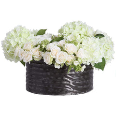 Faux White Hydrangea Black Bowl Centerpiece