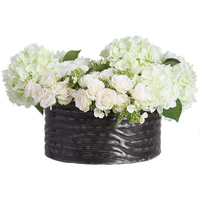 Faux White Hydrangea Black Bowl Centerpiece