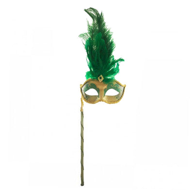 Green & Gold Feather Stick Mask