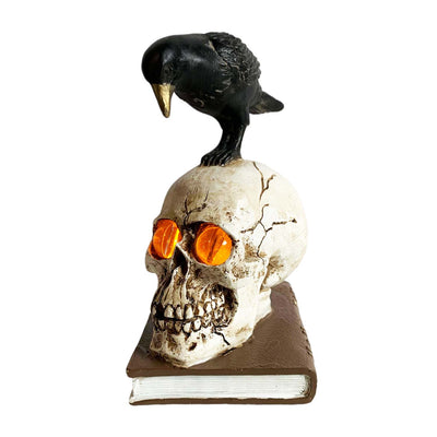 Black Raven with Glowing Skull on Book - 8" Tall