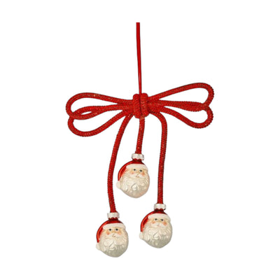 Beaded Santas on Red Bow Ornament - 7" Tall