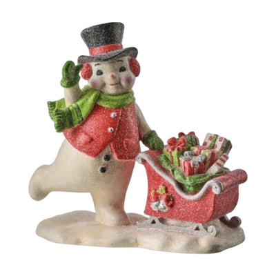 Retro Resin Snowman with Gift Sleigh - 7.5" Tall