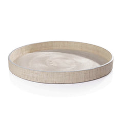 Atelier Natural Fiber Raffia Round Serving Tray with Leather Trim