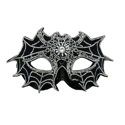 Silver & Black Jeweled Spiderweb Mask - 9" Wide