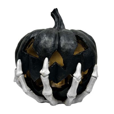 Skeleton Hand Holding Black Pumpkin LED Lantern - 6" Tall